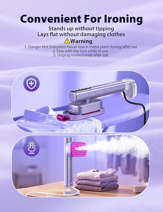 Sundu Steamer for Clothes,15s Fast Heat-up Handheld Garment Steamer,35mins Runtime & 180ml Large Tank,25g/min Steam,Ceramic Panel,Stands on Desk,Wrinkle Remover for Travel, Home, Office(Purple)