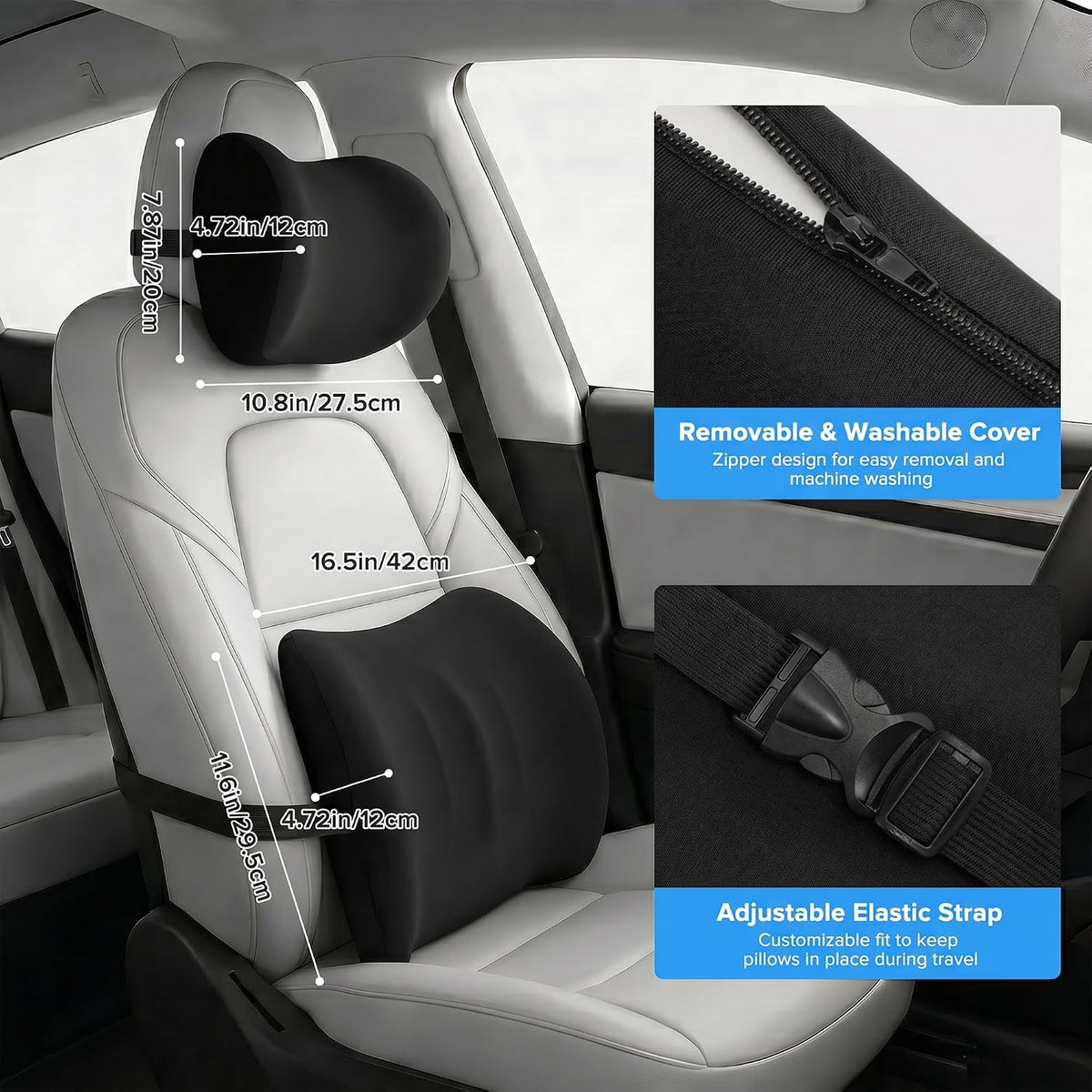 Universal Memory Foam Car Neck Pillow and Lumbar Support Pillow Set, Black