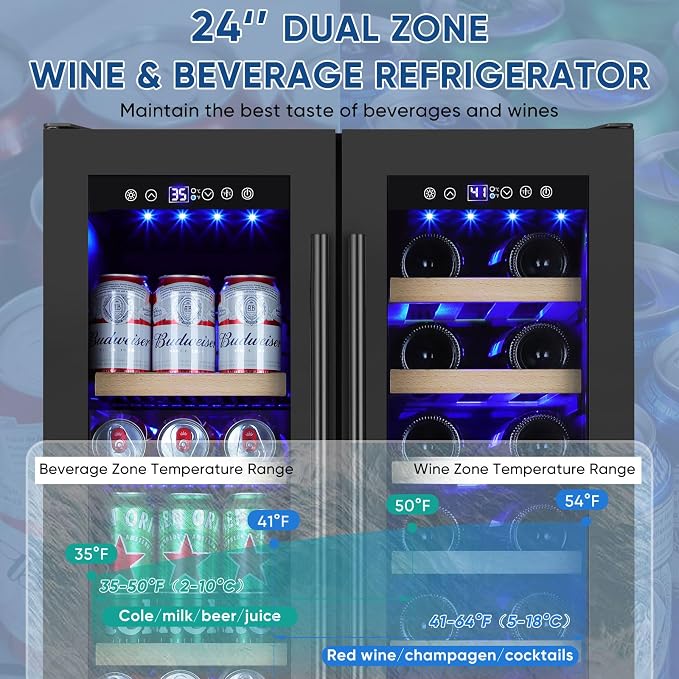 Wine and Beverage Refrigerator 24", Dual Zone Wine & Beverage Cooler with Glass Door and French Door, Built-In/Freestanding Wine and Beer Fridge Holds 21 Bottles & 88 Cans for Home/Bar - Black