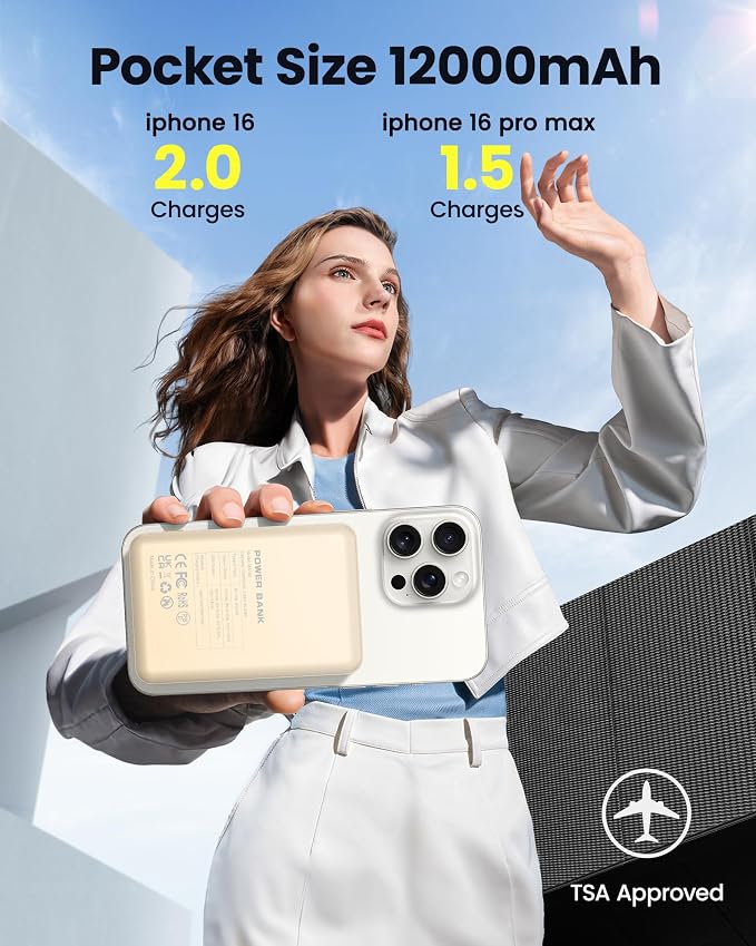 for Magsafe Battery Pack 12000mAh Magnetic Portable Charger Power Bank Wireless Battery Charger Fast Charging for iPhone 16/15/14/13/12 All Series Yellow