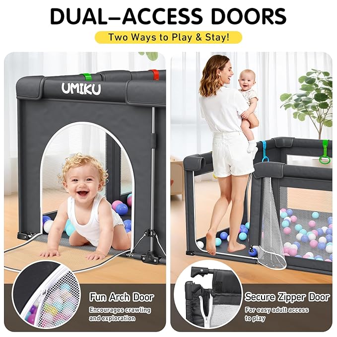 Baby Playpen Foldable Playpen for Babies and Toddlers, Large Playpens Portable Play Pen with 2 Doors Play Yard for Kids Fence Indoor Outdoor 4 Handlers 50 Balls Baby Gifts Essentials 50"X50" Dark Grey
