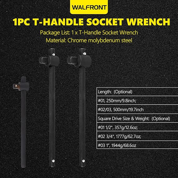 Walfront Sliding Wrench Breaker Bar T Handle Socket Wrench Heavy Duty Steel With Ergonomic Design (1/2", 357g/12.6oz)