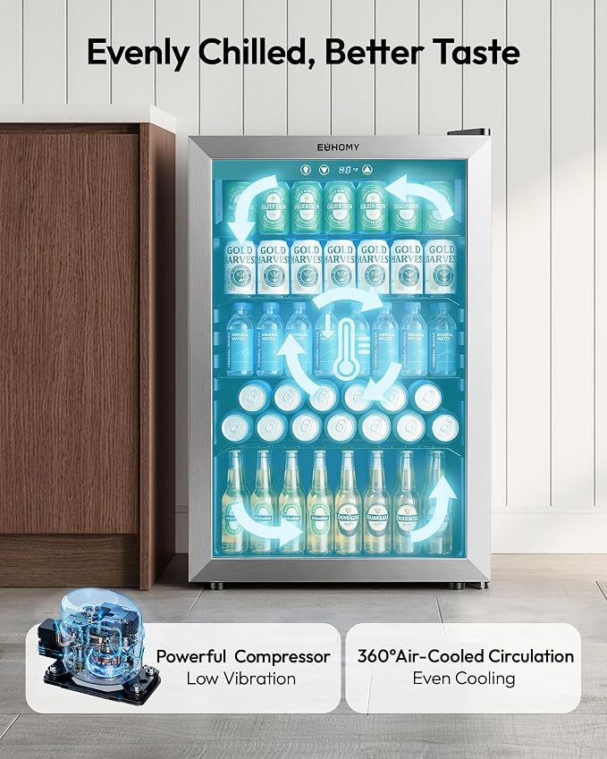 EUHOMY 4.5 Cu.ft Beverage Refrigerator and Cooler, 145 Can Mini fridge with Glass Door for Soda Beer Wine, Small Drink Dispenser with Digital Adjustable Thermostat for Home Office Bar