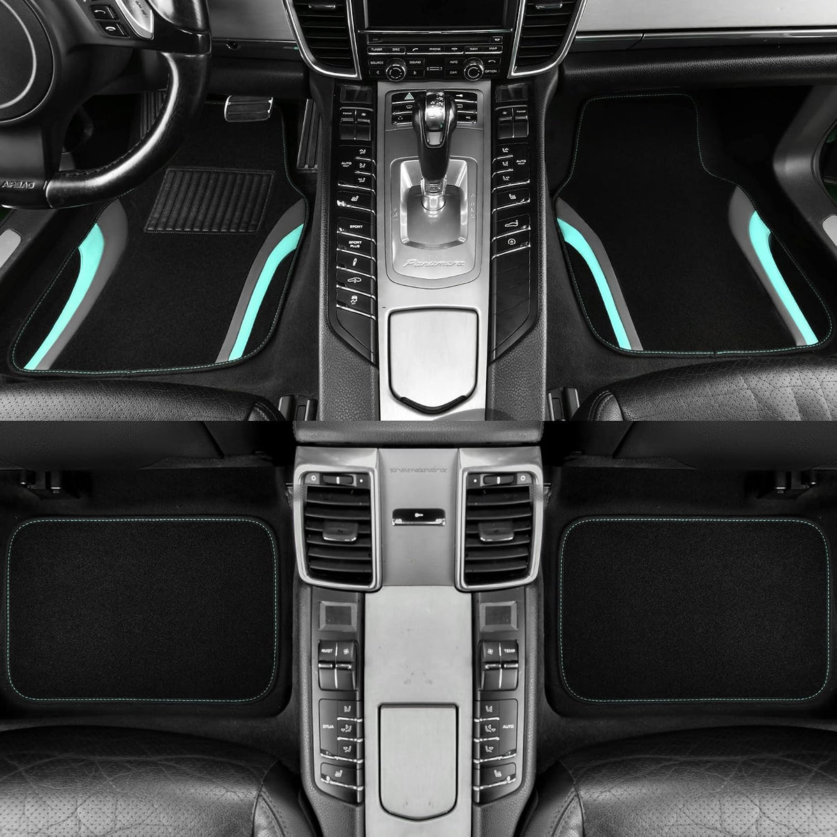 CAR PASS Leather Sporty Car Floor Mats Carpet, Universal Waterproof Automotive Floor Mat Fit for Sedans, Cars, Mid Trucks, Vans, SUV, Set of 4 (Black and Mint)