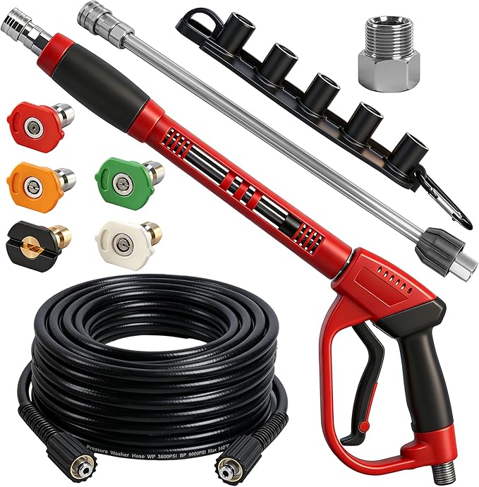 Hourleey Pressure Washer Gun and Hose Kit, 50 FT Kink Resistant Power Washer Hose and Replacement Wand Extension, 5 Nozzle Tips, M22-14 Fitting, 3600 PSI