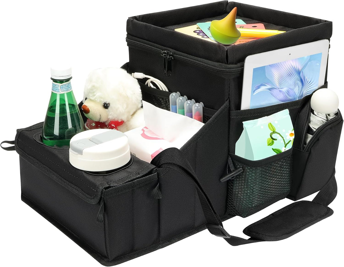 COOLBEBE Car Seat Organizer, Backseat Car Organizer with Cup Holders for Kids and Adults Travel, Cooler Compartment Passenger Seat Organizer Storage Box for Front or Middle Seat, Black