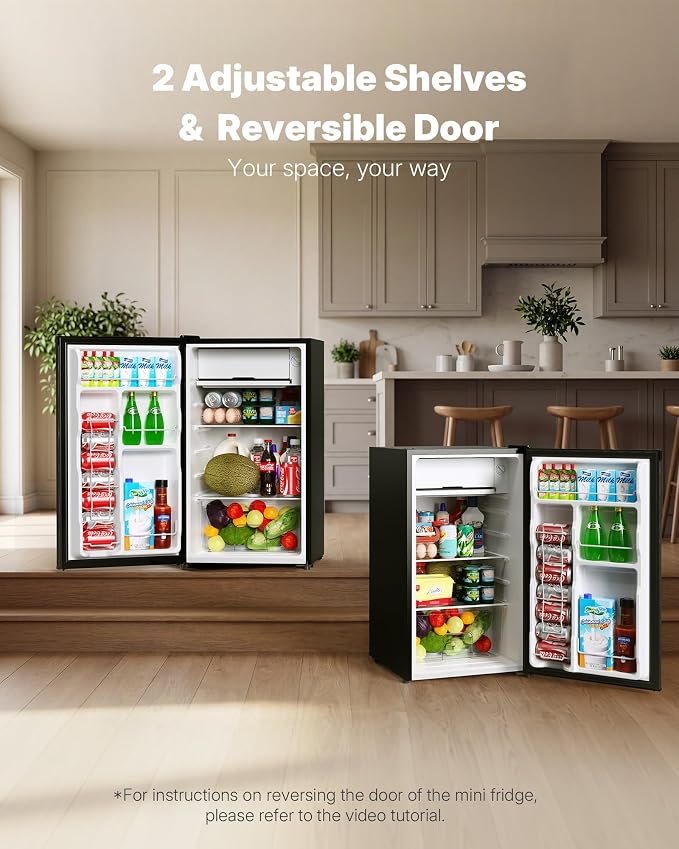 Upstreman 3.2 Cu.Ft Mini Fridge with Freezer, Black-BR321 | Adjustable Thermostat, Energy Saving, Low Noise, Reversible Door, Small Refrigerator for Dorm, Bedroom, Office