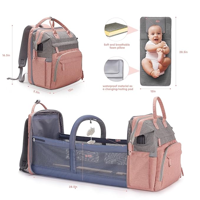 DERJUNSTAR Baby Diaper Bag Backpack with ChangingStation-Large Capacity Baby Bag for Boys & Girls, USBCharging Port, Pacifier Case, sunshade & Toy Bar,Waterproof, Baby Pink