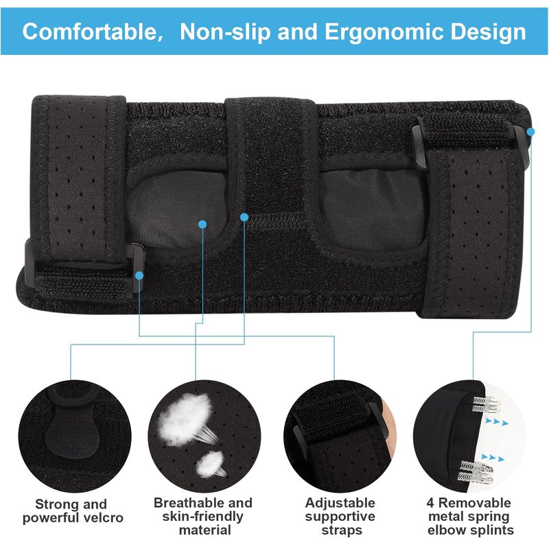 PEIZSON Elbow Splint Tendonitis Elbow Brace, Cubital Tunnel Syndrome Brace with 4 Removable Metal Spring Splints for Sleeping, Elbow Immobilizer for Ulnar Nerve Entrapment， Golfers Elbow (S/M)