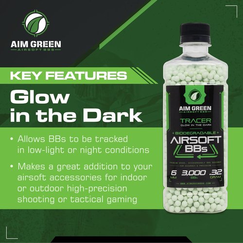 Aim Green Tracer Biodegradable Airsoft BBs - Glow-in-The-Dark | 3,000 Count | .20, .25, .32 Grams