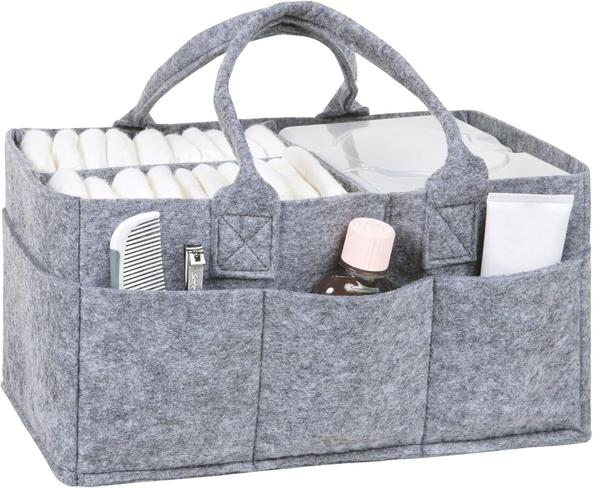 Sammy & Lou Collapsible Light Gray Felt Storage Caddy, Divided Design To Keep Diapers, Wipes And Changing Items Organized, Two Handles, 11.5"D x 6"W x 8"H