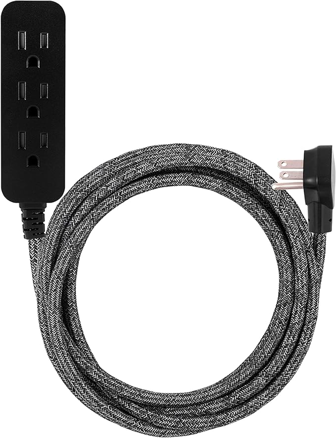 Cordinate 3-Outlet Power Strip Extension Cord with Multiple Outlets 15 Ft Braided Long Cord, Grounded Flat Plug, ETL Listed Gray 50012