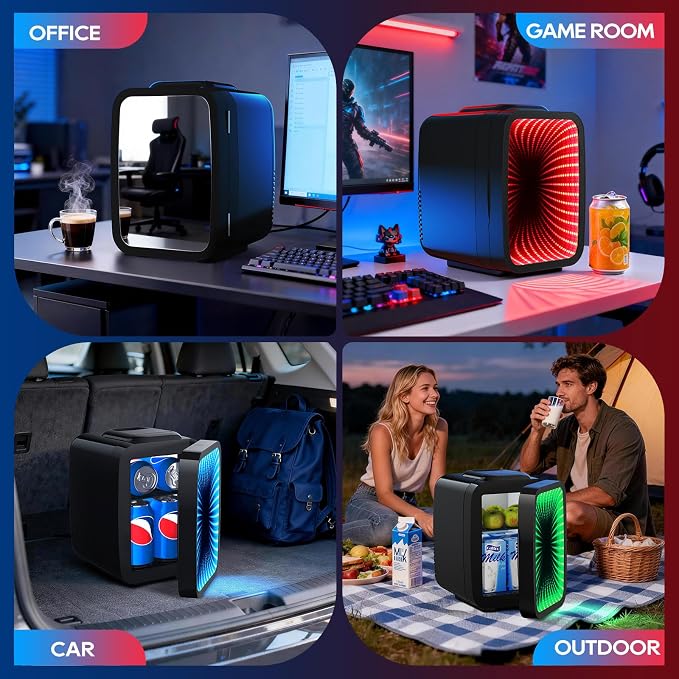 BEICHEN Mini Fridge, 4L/6 Can Small fridge with Dimmable Gaming Light | Cooler and Warmer，Portable Personal Fridge,LED lights Perfect for Gaming Experience,12v AC/DC for home and car,ultra-quiet