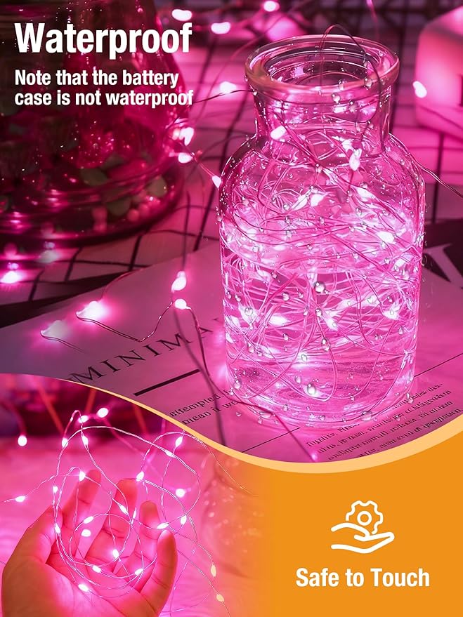 btfarm 4 Pack Valentine's Day Pink Fairy Lights Battery Operated with Timer, 16.4 FT 50 LED Silver Wire Twinkle String Lights 8 Modes Dimmable Waterproof for Indoor Bedroom Wedding Decorations, Pink
