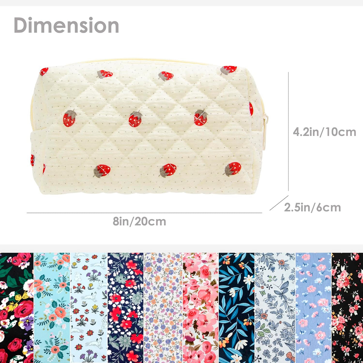 Small Quilted Makeup Bag,Zipper Cosmetic Pouch,Gauze Strawberry,6 Pack