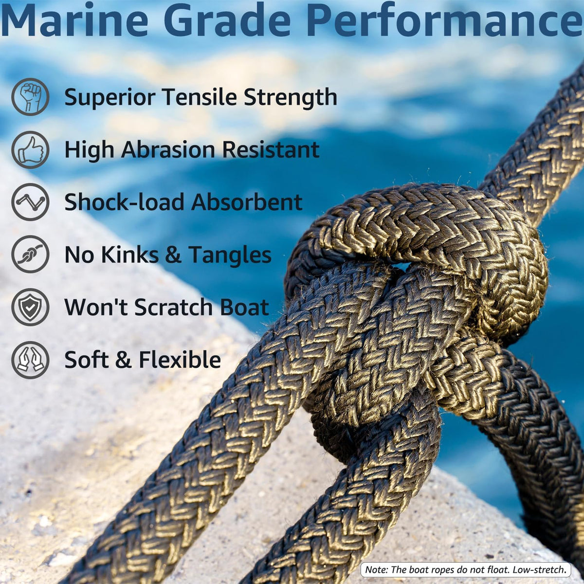PACTHSD Dock Lines - 5/8" x 50' Double Braided Nylon Marine-Grade Boat Ropes with 16" Eyelet