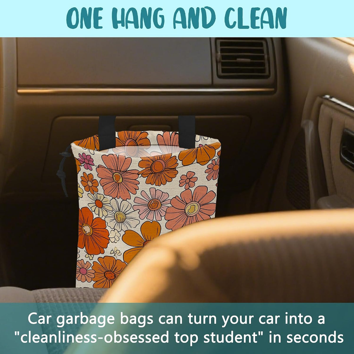 Car Trash Bag Hippie Vintage Flowers Leak-Proof Car Garbage Bag with Drawstring Foldable Canvas Trash Bin with Adjustable Buckle for Car Accessories, Travelling, Camping