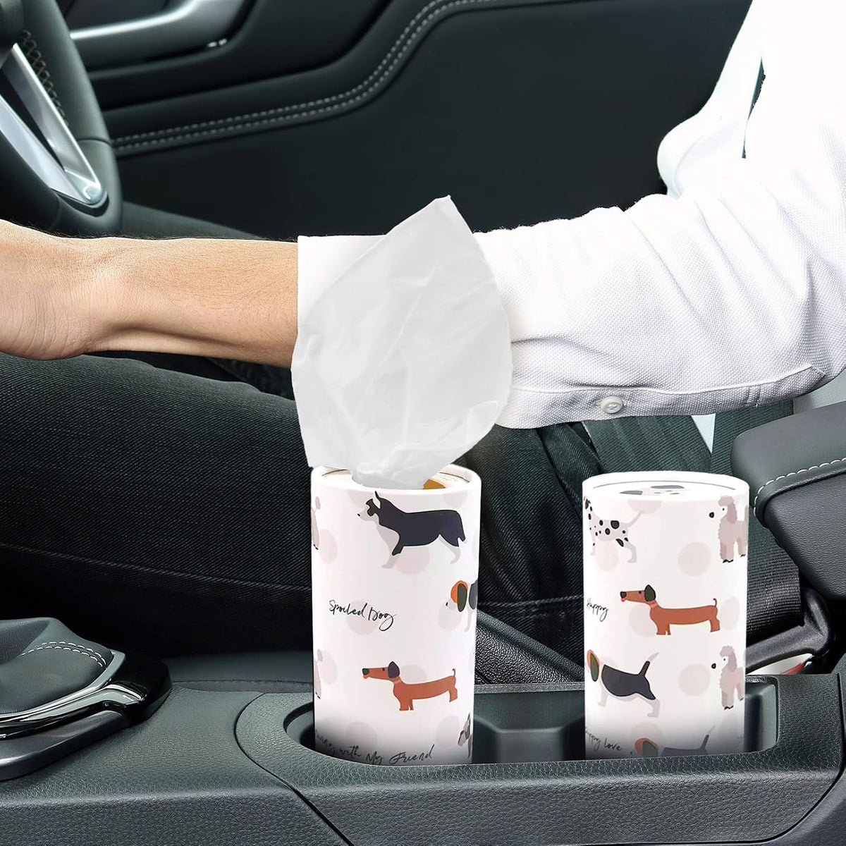 Daily Treasures 4 Pack Car Tissue Box with Facial Tissues,Cute Round Tissue Boxes for Car,Puppy Car Tissue Holder,Refill Cylinder Tissues for Car Holder Travel Bathroom(Dog)