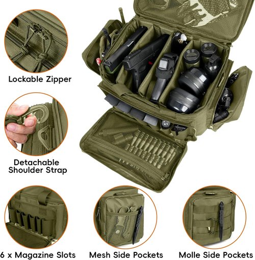 DULCE DOM Tactical Gun Range Bag - Lockable Handgun & Ammo Case with Extra Magazine Storage | Ideal for Outdoor Shooting
