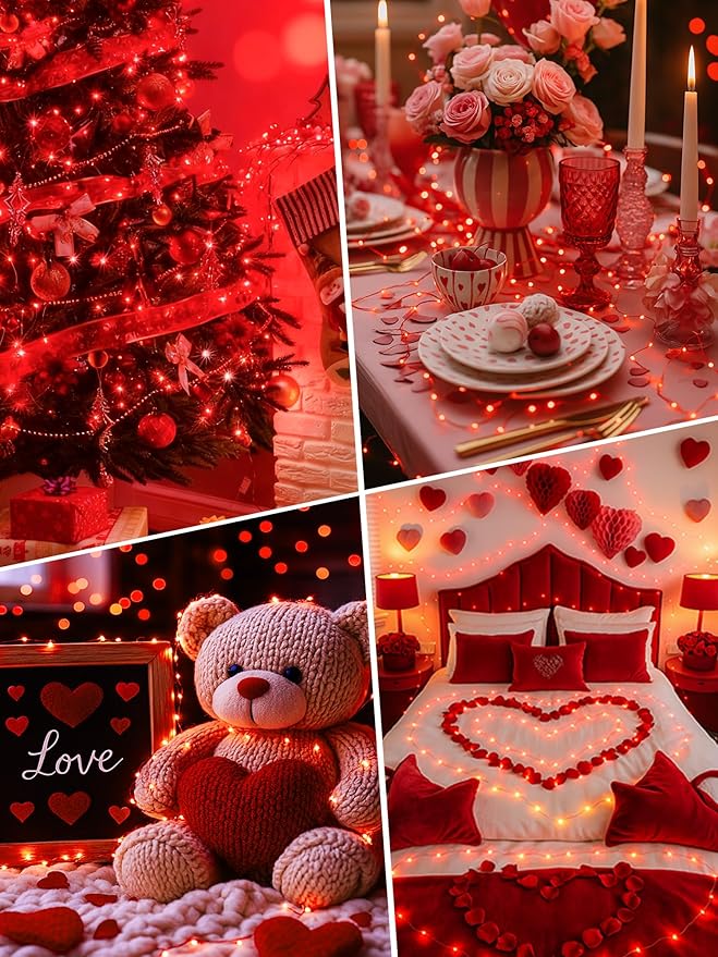 btfarm Valentines Day Fairy Lights Battery Operated with Timer, 16.4 FT 50 LED Silver Wire Twinkle String Lights 8 Modes Dimmable Waterproof for Indoor Home Party Christmas Bedroom Wedding, Red