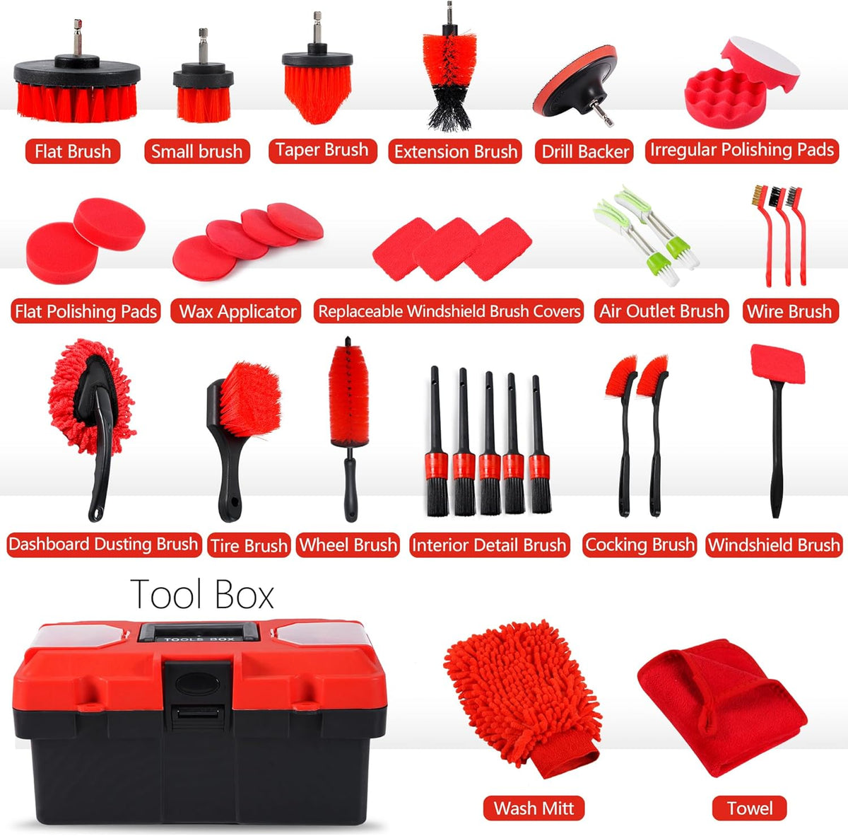 35Pcs Car Detailing Kit & Car Cleaning Kit, B：35PCS-R | Windshield Tool, Long Wheel Brush & 2 Angled Brushes, 4 Polishing Pads & 4 Wax Pads, Red Tool Box, Gift for Men