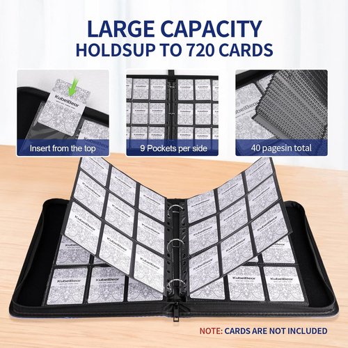 Card Binder - 720 Capacity Zippered Holder for MTG, Sports & Collectible Cards - Durable, Acid-Free Storage (Black, 9 Pocket)
