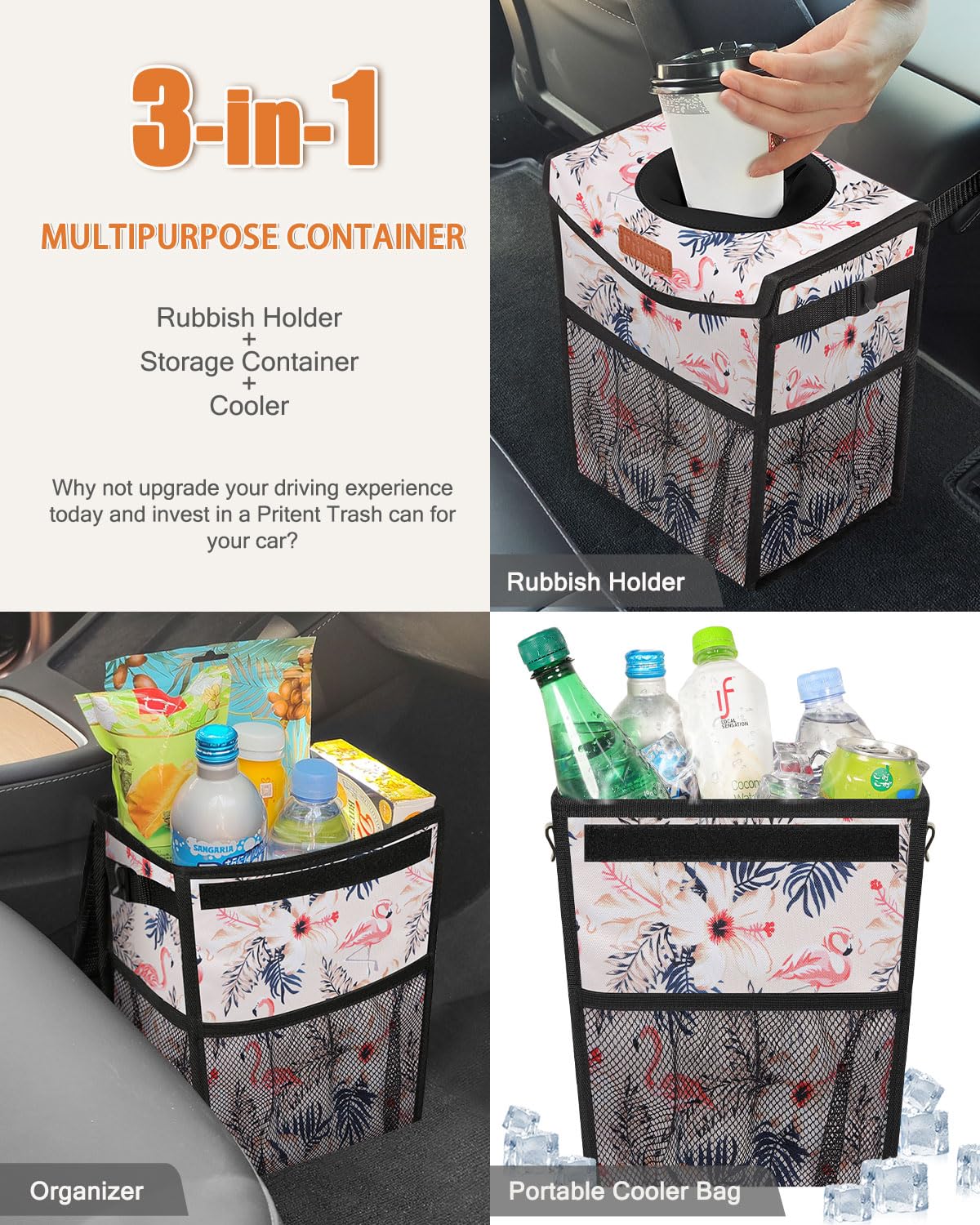 Pritent Car Trash Can with Lid Leakproof Car Garbage Bag Vehicle Trash Bin