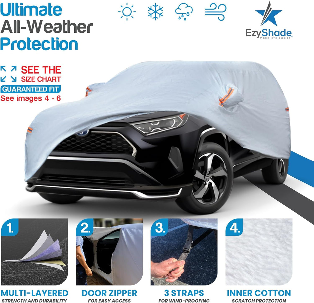 EzyShade Multi-Layer SUV Car Cover Waterproof All Weather - See Vehicle Size-Chart - Outdoor Full Exterior Covers for Automobiles - Heavy Duty Tarp Jeep Rav4 Equinox Trax CRV. Size S3 (See SizeChart)