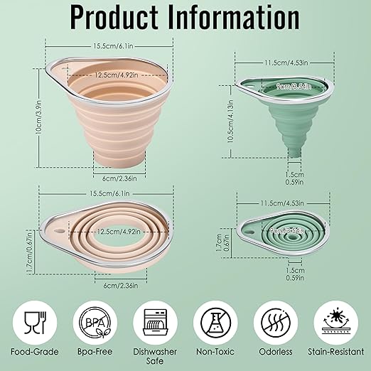 New Upgraded 2-Pack Silicone Collapsible Funnel Set with Stainless Steel Rim, Includes Large & Small Funnels for Filling Bottles,Canning,Dry & Liquid Ingredients (Pink)