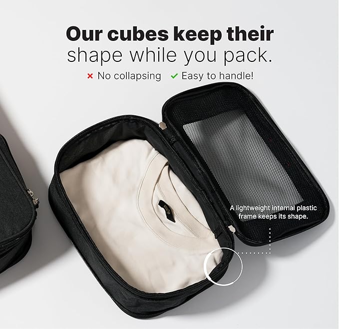 LeanTravel Compression Packing Cubes for Travel Organizers with Double Zipper (6-Pack (2L+2M+2S), Black)
