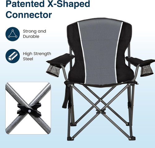 High Point Sports Oversized Camping Chair - Heavy Duty Portable Lawn Chair with Cup Holder | Supports 350 LBS, 2 Pack, Gray-Black