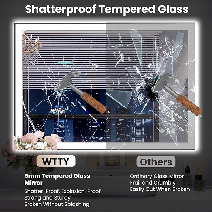 WTTY 40"X32" LED Bathroom Mirror with Black Frame, Bathroom Vanity Mirror with Lights for Wall, Front Light and Backlit, Anti-Fog, Dimmable, 3 Colors, Shatterproof, Memory, Horizontal/Vertical