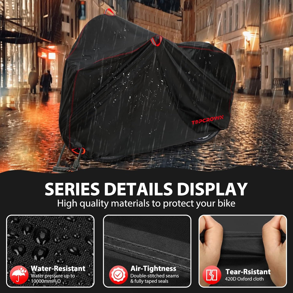 Topcrown Waterproof Bike Cover - Outdoor Storage for 3 Bikes | UV, Dust & Wind Proof, XXXL Black & Red