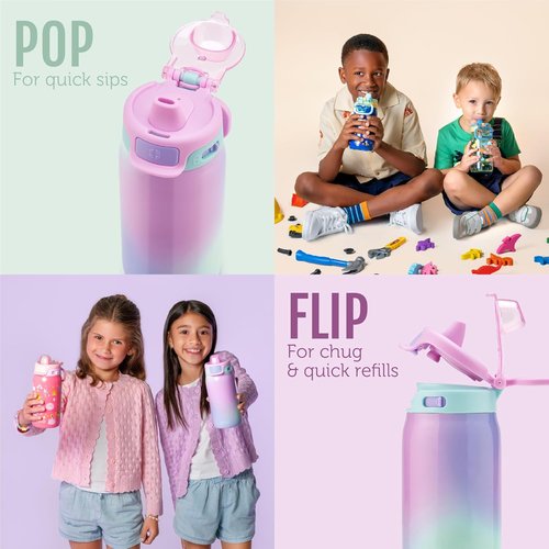 Ello Kids 12oz Pop & Fill Water Bottle - Quick Fill Lid, Double-Wall Insulated, Leak Proof, BPA Free | Royal Palace