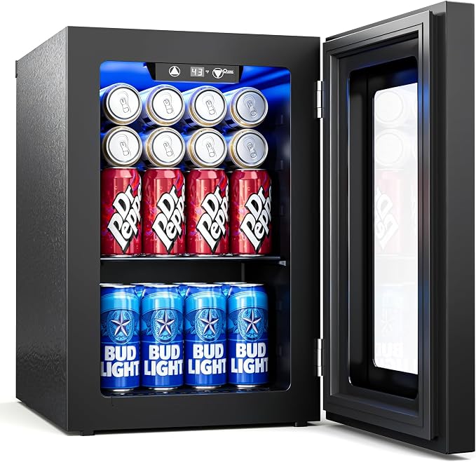 0.6 Cu.ft Beverage Cooler, Compressor Glass Door Mini Fridge 40-61°F Black | Freestanding for Office & Bedroom, Quiet Compressor, Low Energy Use, Holds Soda, Beer & Canned Drinks