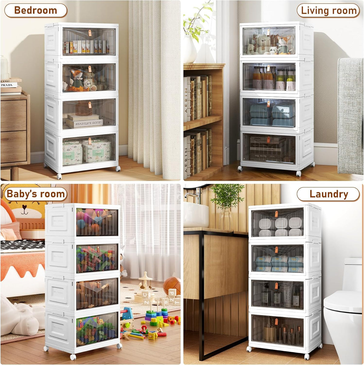 4 Tier Storage Bins with Lids, 23QT Stackable Closet Organizers and Storage with Wheels, Collapsible Storage Boxes, Foldable Plastic Storage Containers for Home,Office, Dorm Room-White