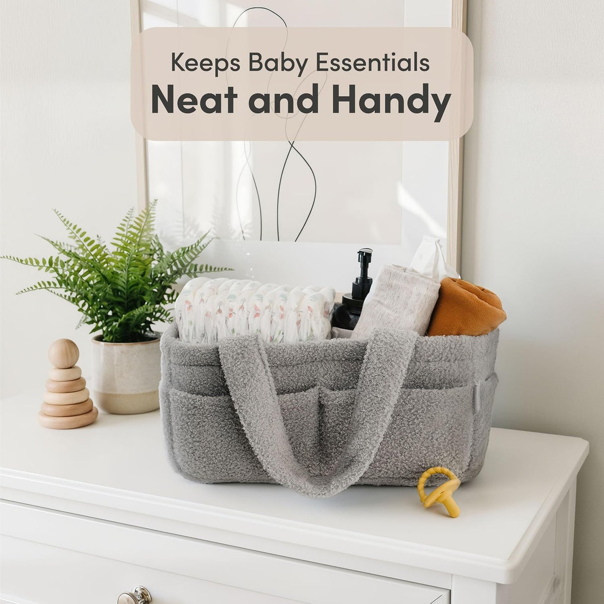 PUTSKA Baby Diaper Caddy Organizer for Changing Table – Stylish Nursery Storage Basket, Newborn Essentials, Baby Shower Gifts and Registry Must-Haves for Boy or Girl, Car Diaper Caddy, Fleece Grey