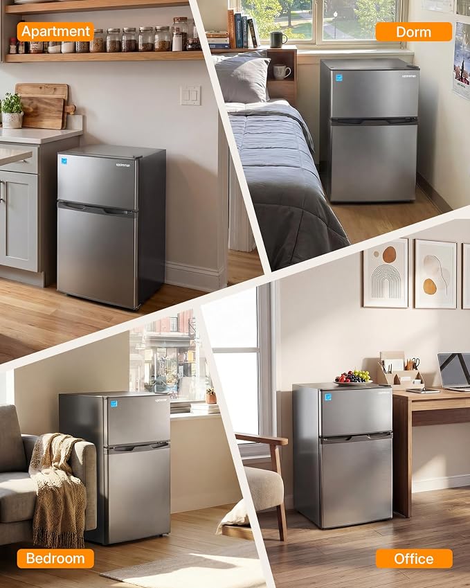 Upstreman 3.1 Cu.Ft Mini Fridge with Freezer, Double Door Small Refrigerator, Adjustable Thermostat, Energy Star Certified Low Noise Mini Refrigerator for Bedroom, Dorm, Apartment Silver-TM31