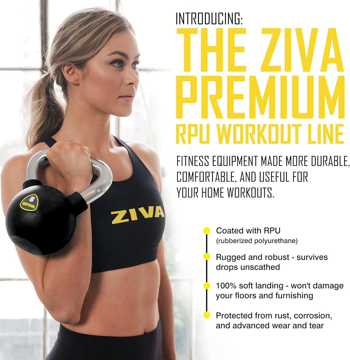 ZIVA Premium Kettlebell - Commercial Grade Rubber Urethane Coated Weights for Home Gym | 5-50 lbs