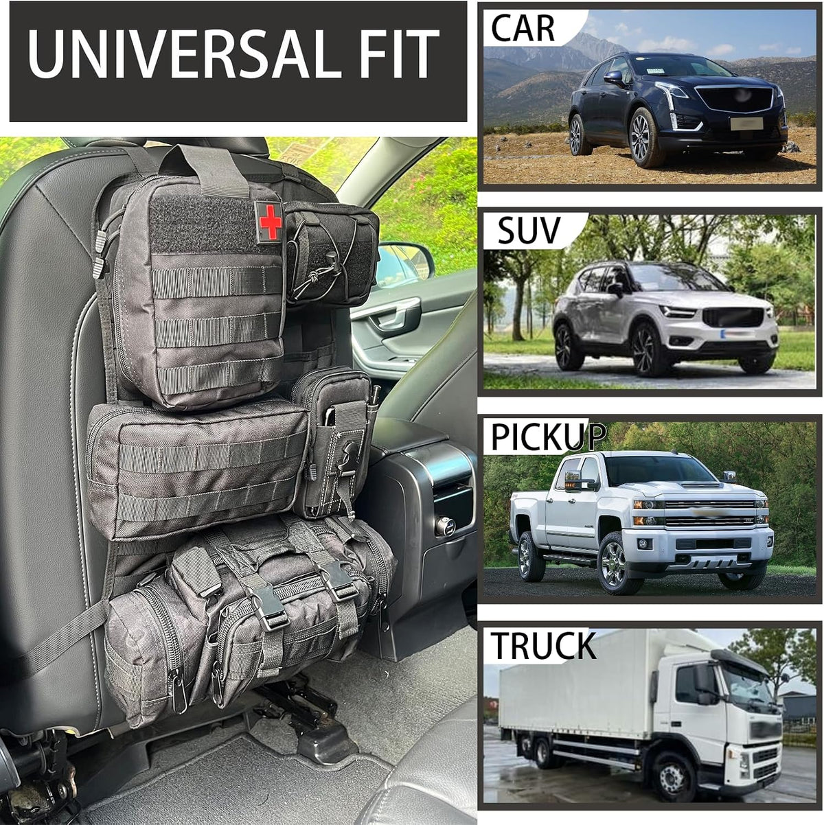 6 Pack Tactical Molle Automotive Seat Back Organizer Tactical Vehicle Panel Organizer with 5 Detachable Molle Pouch for Car Truck Ford Jeep Vehicle,US Flag Patch For Man (5 Pouches)