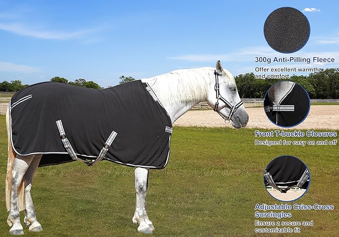 Horse Fleece Cooler, Blanket Liner - 300g Anti-Pilling Fleece, Moisture-Wicking, Cooling & Drying for Post-Workout, Bath & Travel, Prevent Overheating & Chilling Black 78
