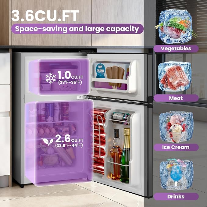 Tehanld 3.6 Cu.Ft Mini Fridge with Freezer for Dorm Office, Silver | Double Door Compact Refrigerator with Low Noise Technology, Removable Shelves for Bedroom and Apartment Storage
