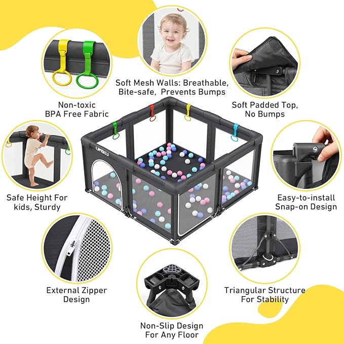 Baby Playpen Foldable Playpen for Babies and Toddlers, Large Playpens Portable Play Pen with 2 Doors Play Yard for Kids Fence Indoor Outdoor 4 Handlers 50 Balls Baby Gifts Essentials 50"X50" Dark Grey