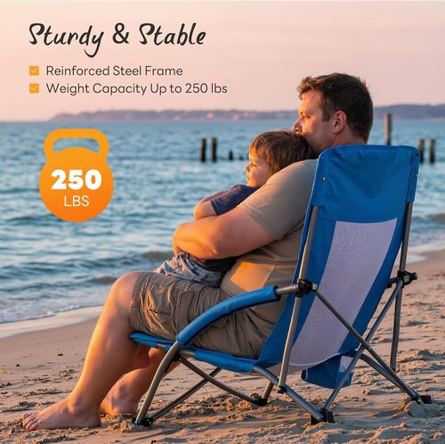 NEWBULIG Low Beach Chair - Portable Folding Camping Chair with Cup Holders & Carry Bag | Extra Wide Seat, Blue