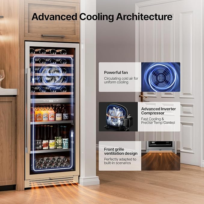Ca'Lefort 24 Inch Dual Zone Wine & Beverage Center, 112 Can & 40 Bottle | 55-Inch Tall Wine Cellar, Quiet Inverter Compressor, Precise 40-65°F Temperature Control, Glide-Out Shelves & Storage Drawer