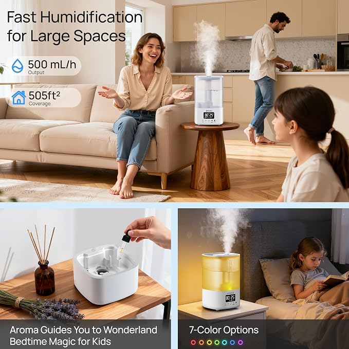 5L Top Fill Ultrasonic Humidifier,Cool Mist Humidifiers with Timer & Humidity Control for Bedroom, Baby, Large Rooms & Plants (White)