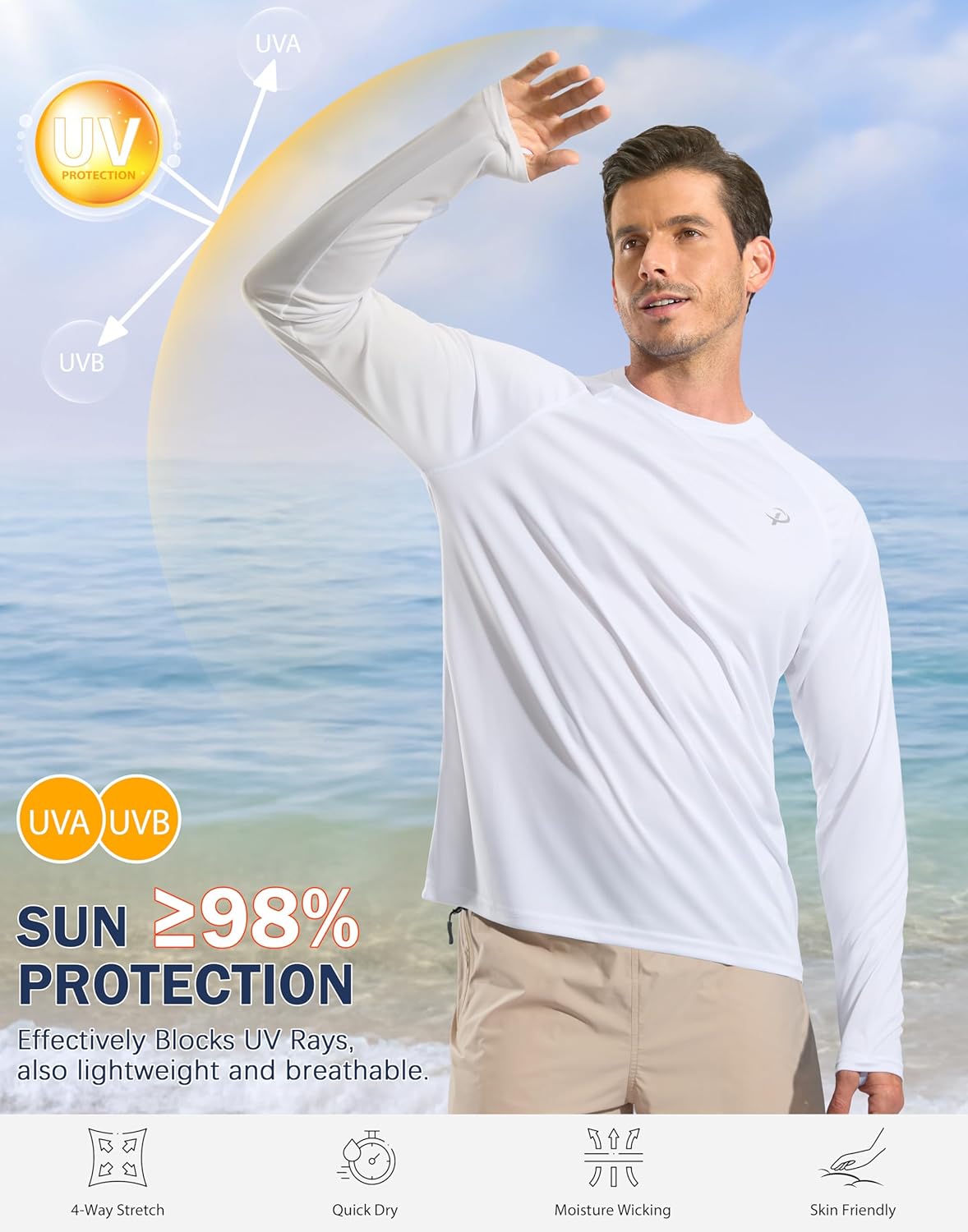 Pudolla Men's UV Protection Shirt - Lightweight Quick-Dry Long Sleeve Rash Guard | UPF 50+ for Fishing & Swimming