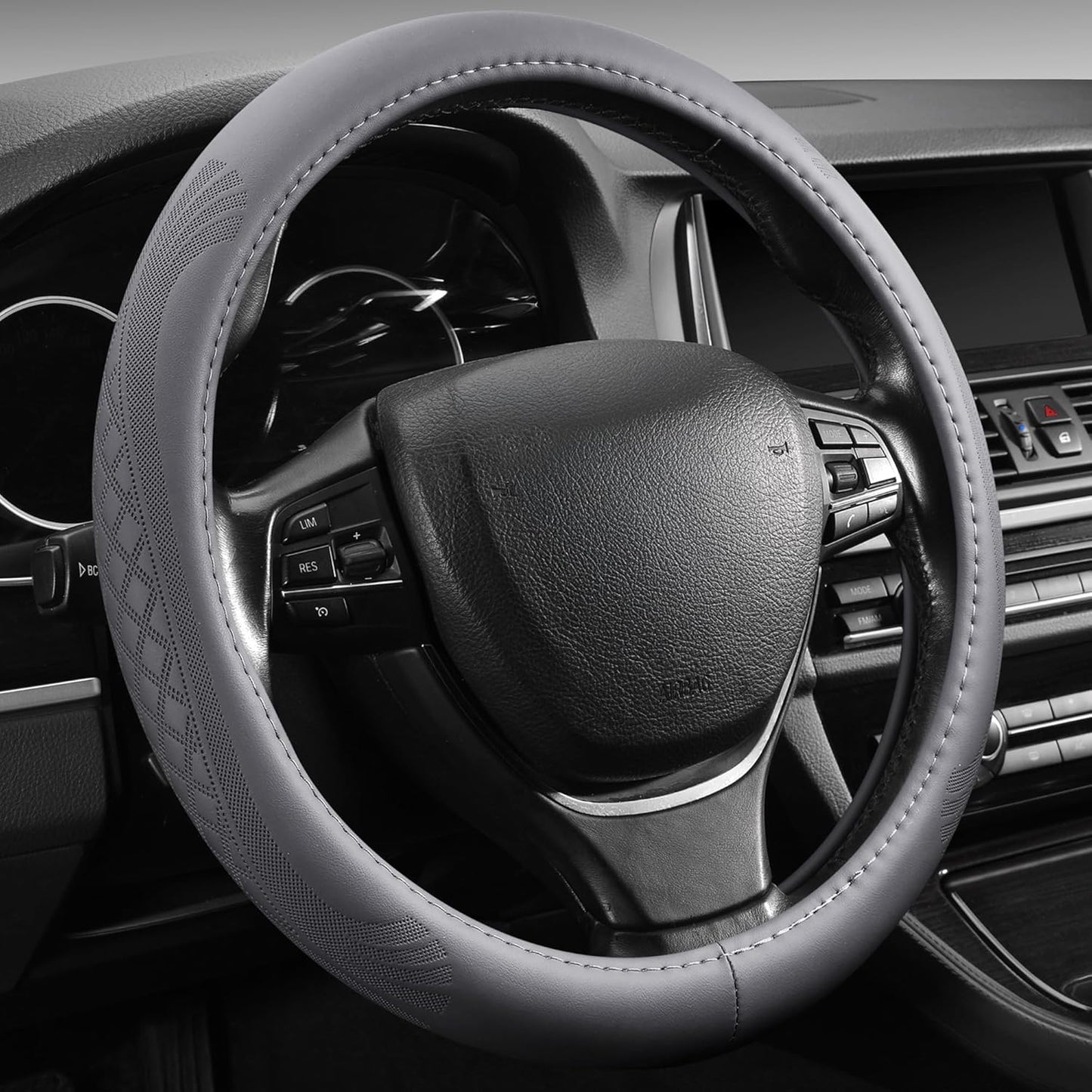 【2025 Model】 Breathable Soft Leather Car Steering Wheel Cover for Men Women, Non-Slip, Comfortable,Universal 15 inches Steering Wheels, Grey