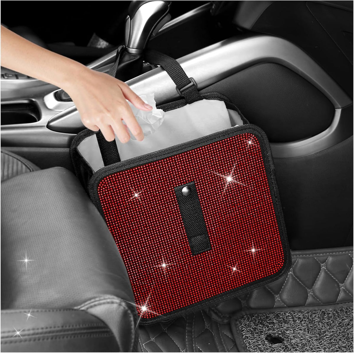 Bling Car Trash Can with Rhinestone,Foldable Car Garbage Can for in-Vehicle Waste Disposal,Multipurpose Hanging Back Seat Organizer & Decorations Fit for Most Cars Trucks