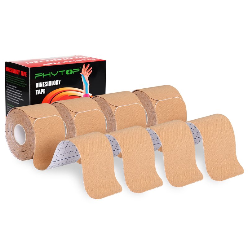 PHYTOP Kinesiology Tape Precut Strips - 4 Rolls Beige (2"x16.4ft) - Waterproof K Sports Tape for Muscle Support, Easy Application, Breathable & Latex Free